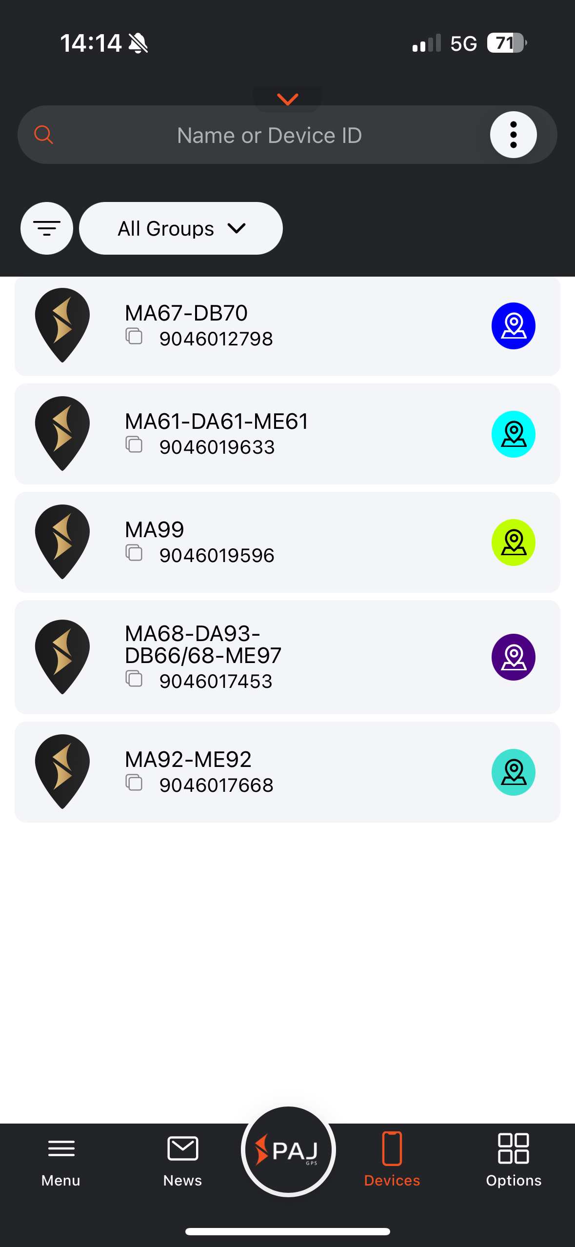 Screenshot de l'application PAJ sur la vue des appareils