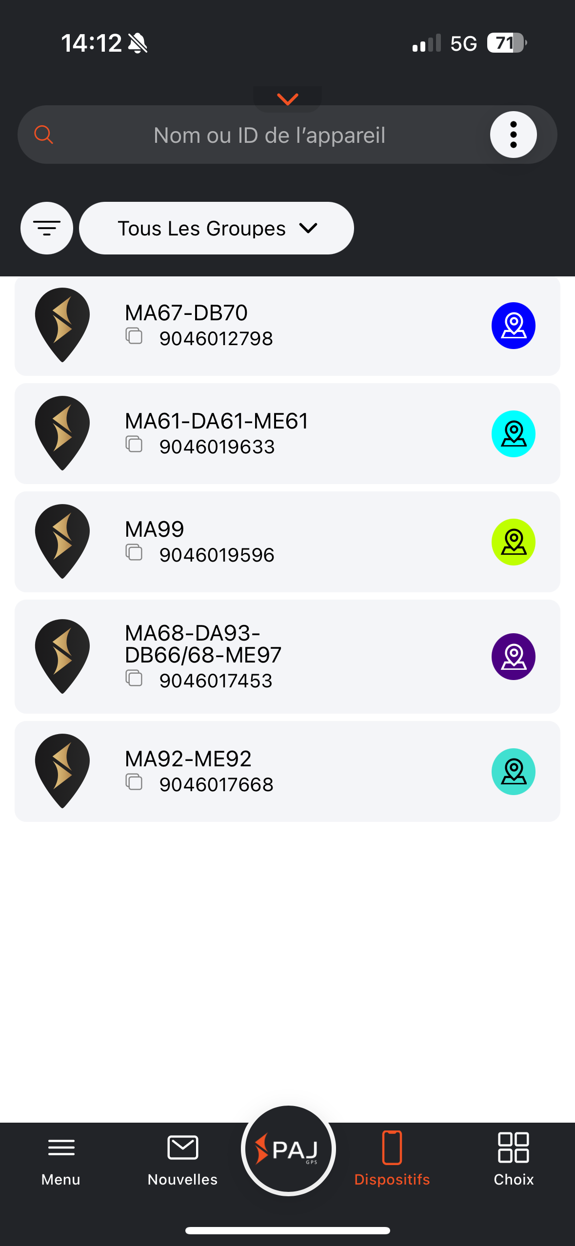 Screenshot de l'application PAJ sur la vue des appareils