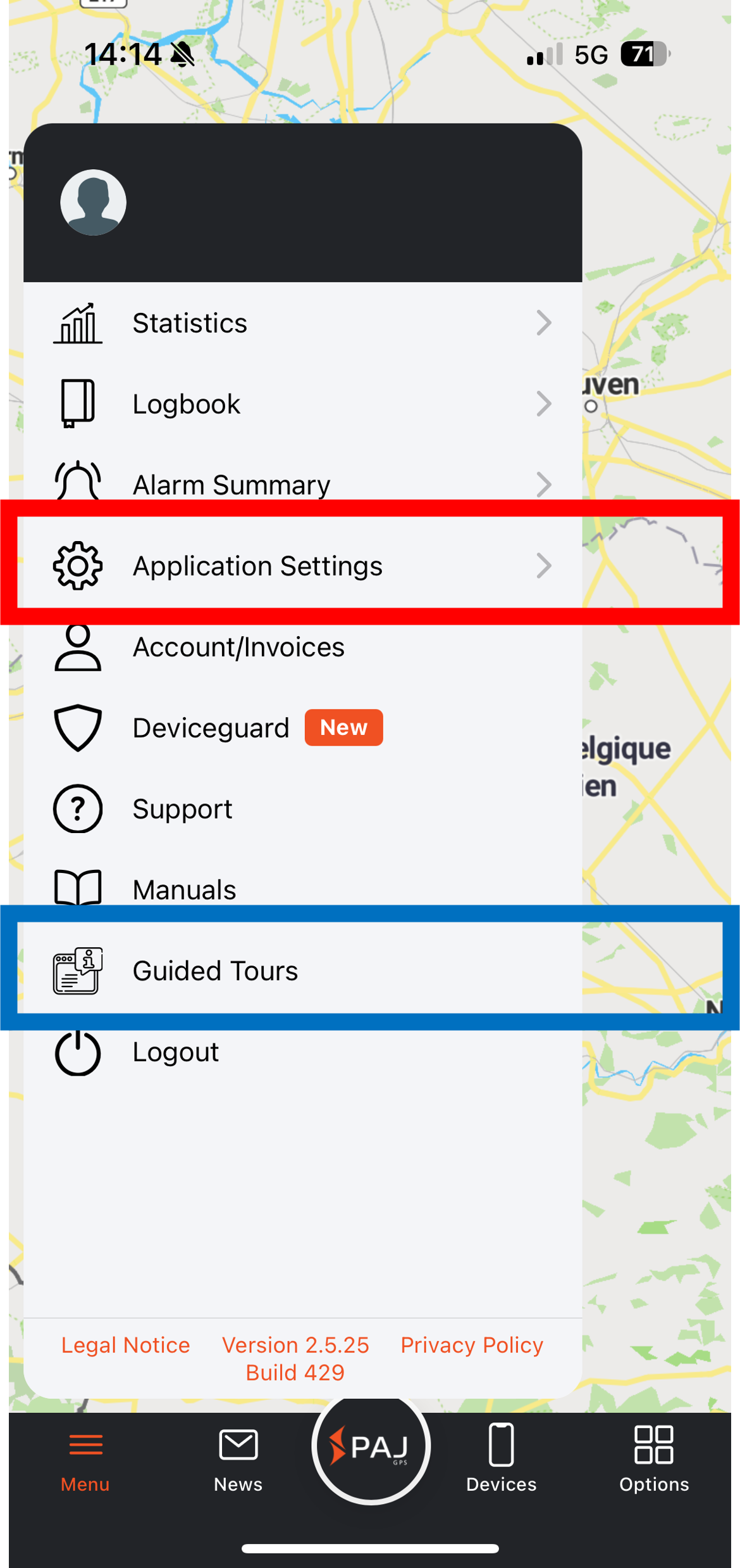 Screenshot de l'application PAJ sur le menu principal