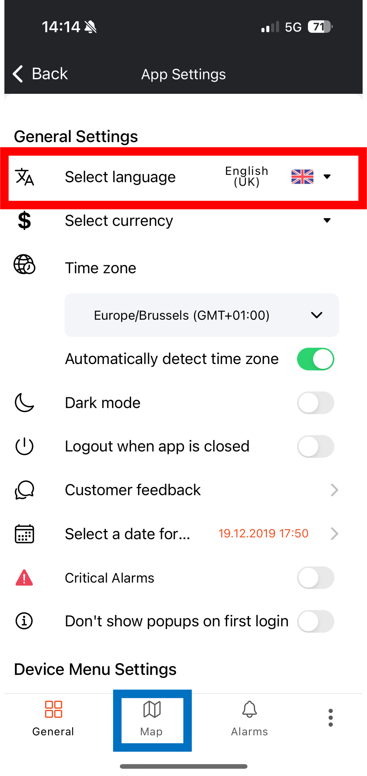 Screenshot de l'application PAJ sur le menu des paramètres