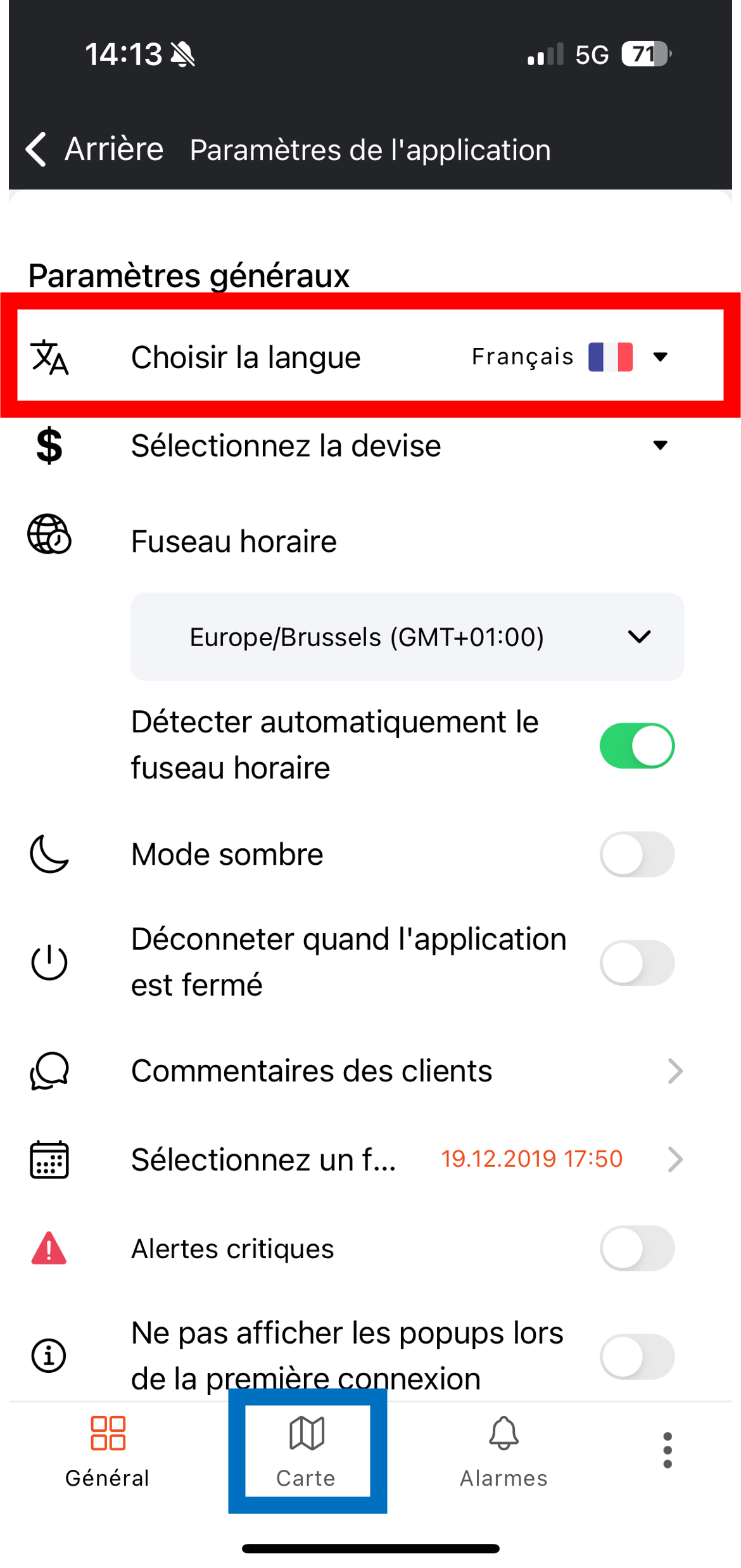 Screenshot de l'application PAJ sur le menu des paramètres