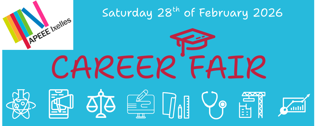 Blue banner for the Career Fair 2026 event with white symbols representing various jobs and red text