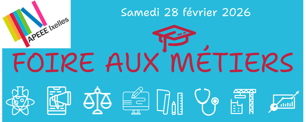 Bannière bleue pour la Foire aux Métiers 2026 avec des symboles blancs représentant différents métiers et un texte rouge