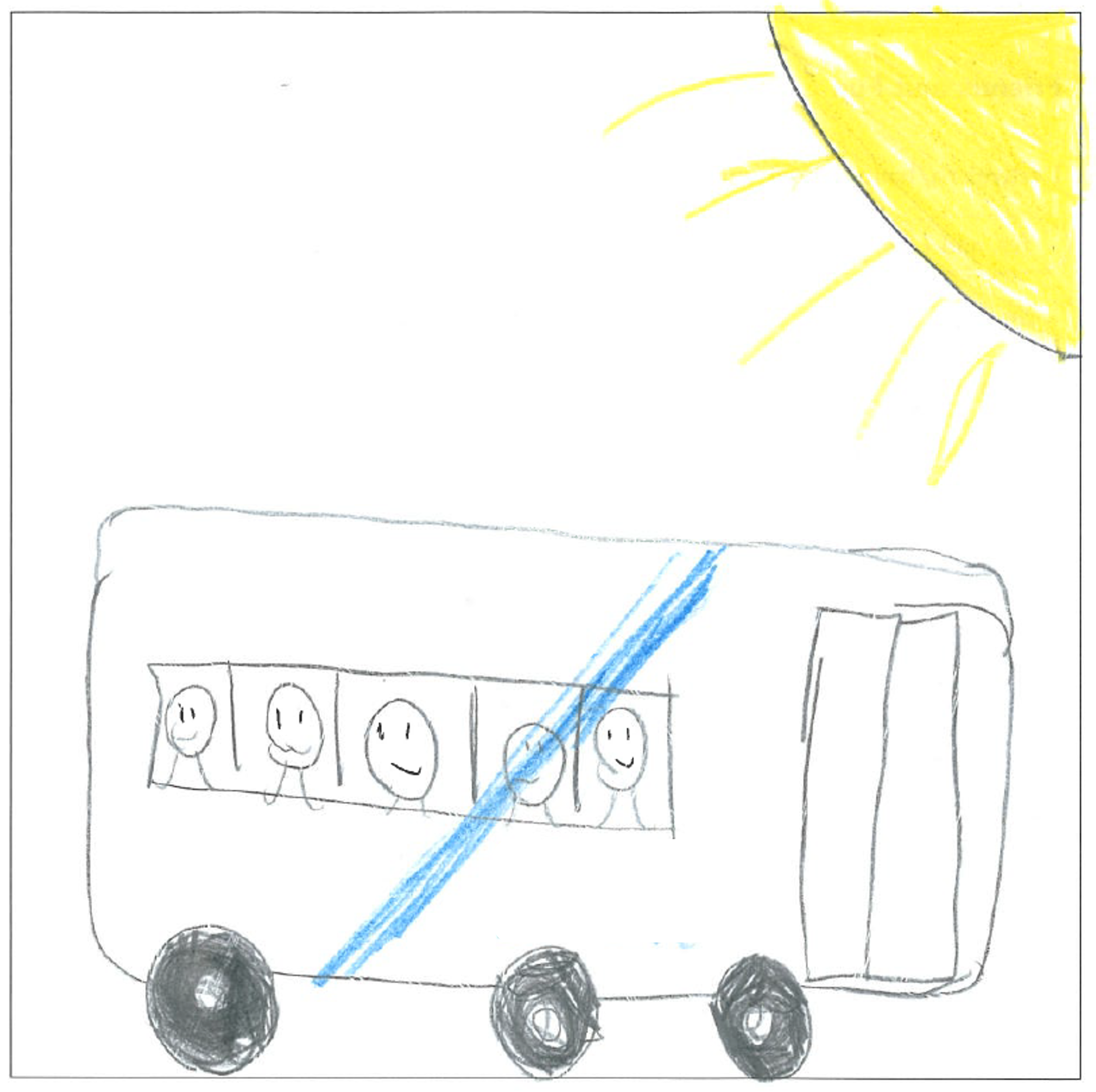 Drawing of a bus with children looking out of the window