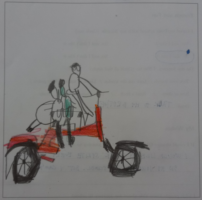 Drawing of a red bike with passengers