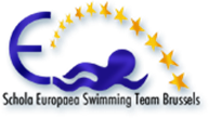 Logo de l'équipe ESB Octopus: un E suivi d'une figure qui nage entourée d'étoiles et du texte en-dessous, citant "Shola Europaea Swimming Team Brussels"
