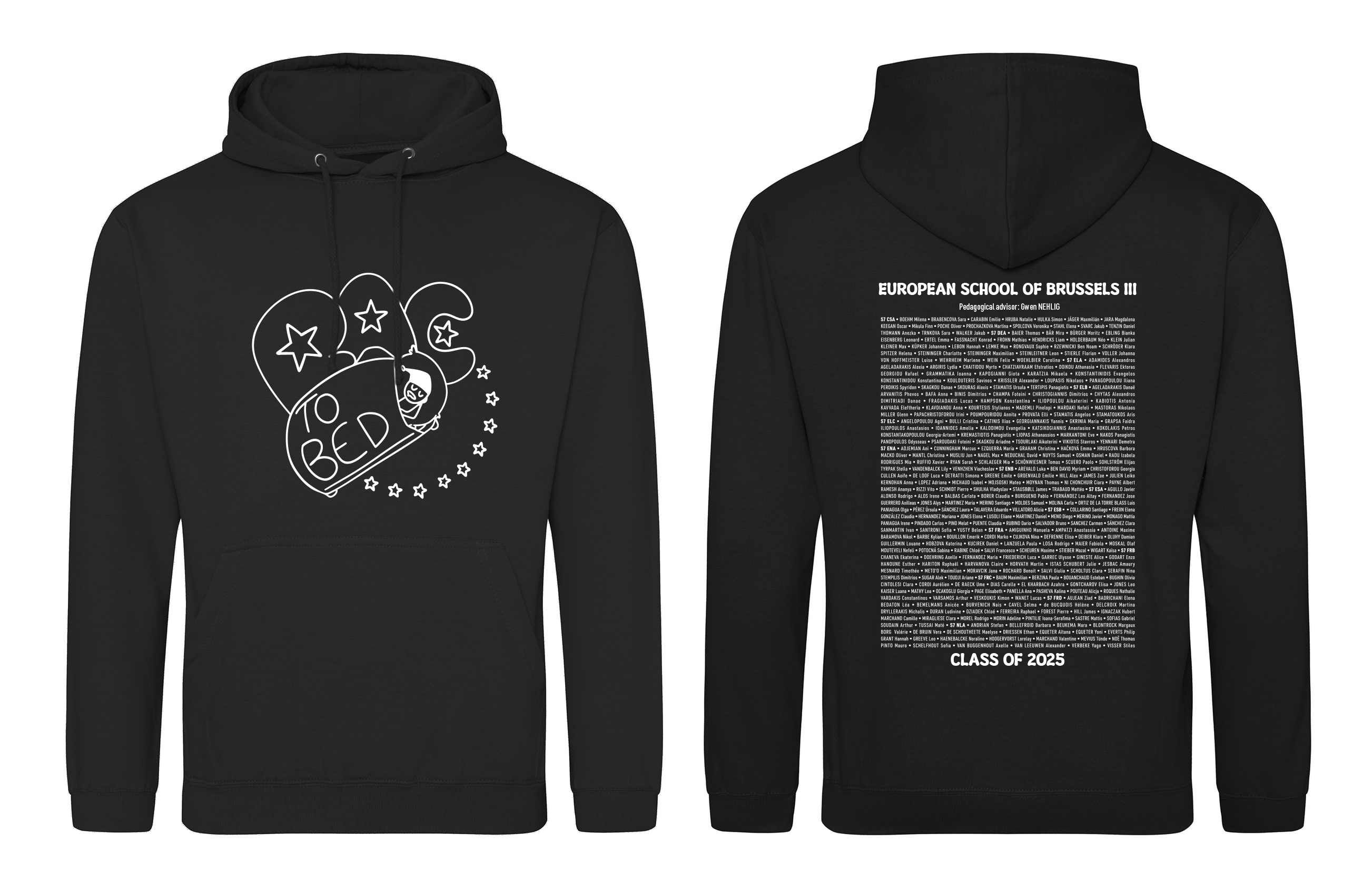 Black Hoodie with text stating "Bac to Sleep" and the European stars around a sleeping stick figure