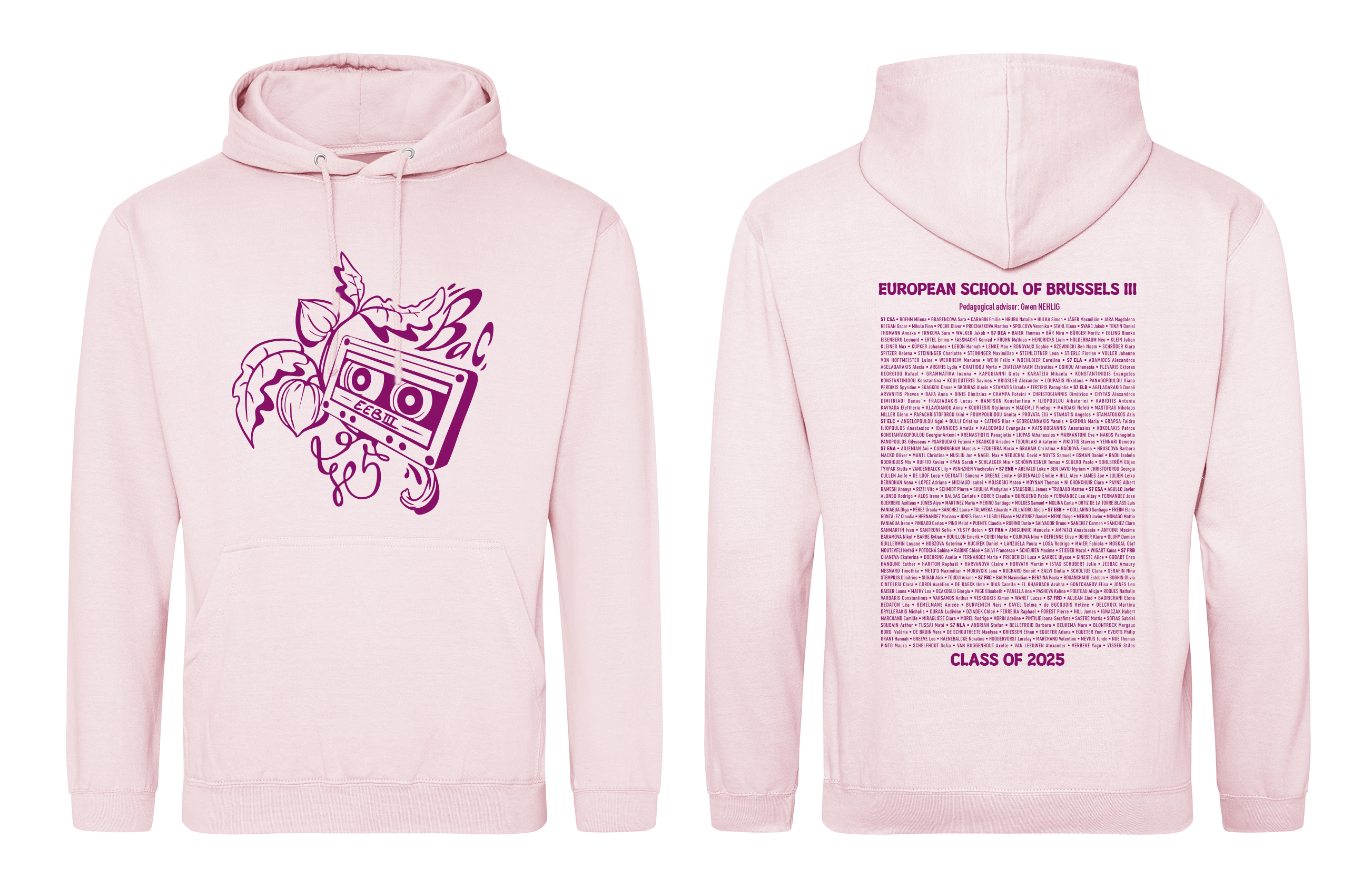 Pink Hoodie with text stating "Bac" above a cassette tape unwinding with plants on the side