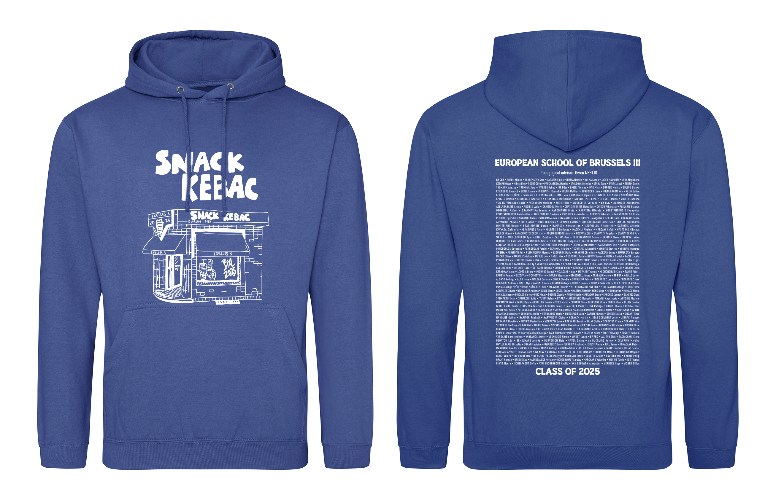 Blue Hoodie with text stating "Snack Kebac" above a typical snack shop named "Ixelles 3", and a "BXL 2025" tag on the window