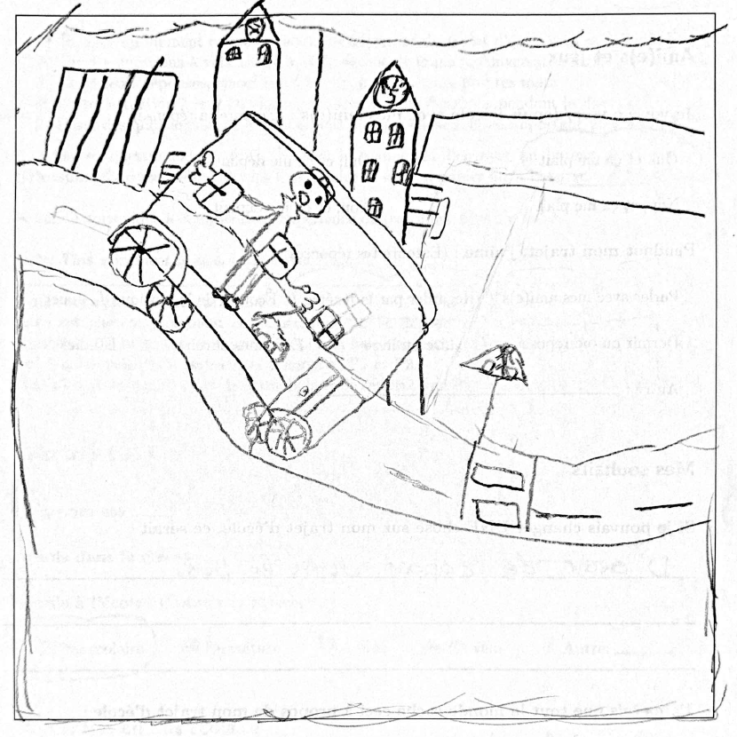Drawing of a child on a bus with buildings in the background