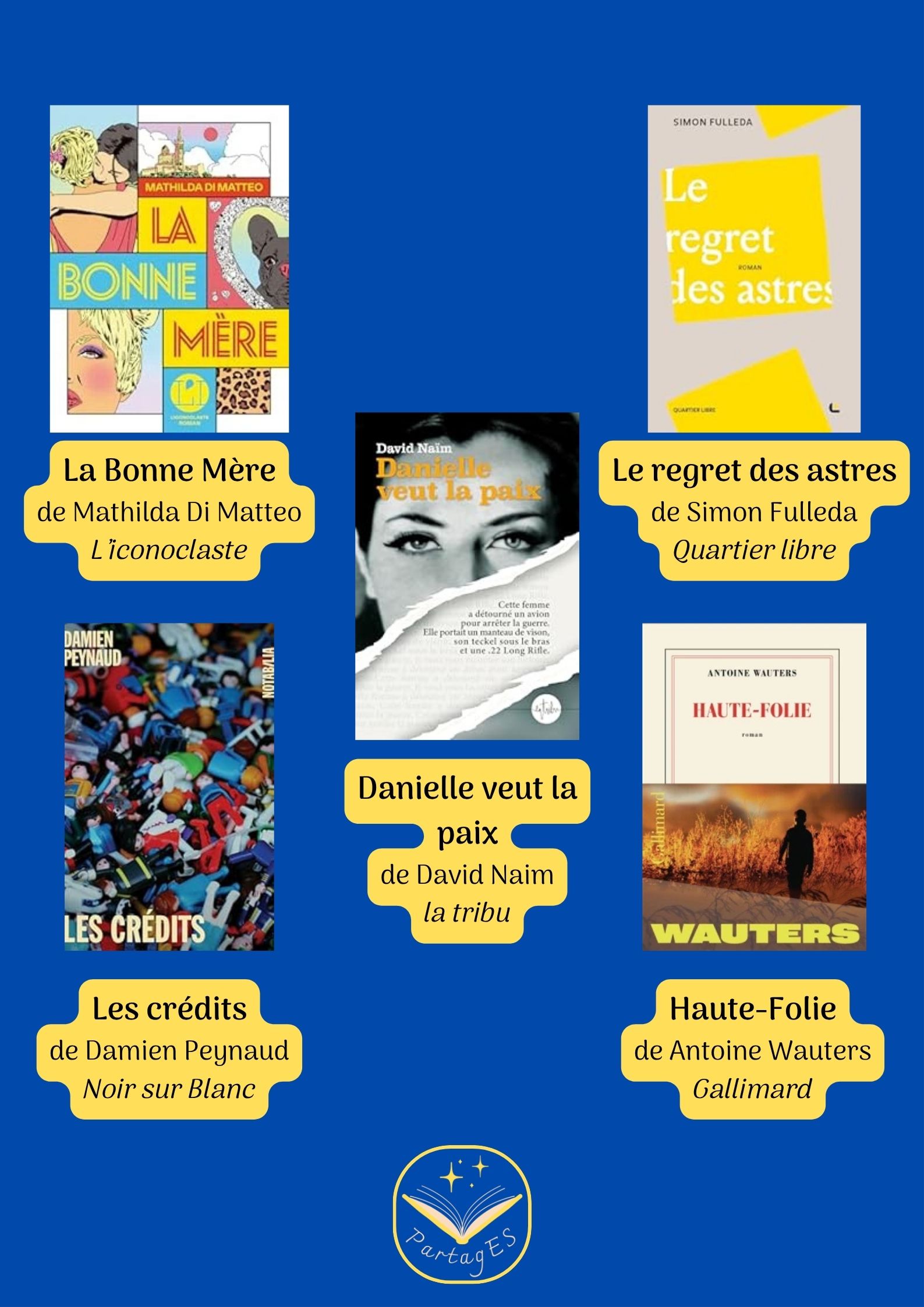 PartagES poster showing the specific books for 2027 (La Bonne Mère, Mathilda Di Matteo; Le regret des astres, Simon Fulleda; Danielle veut la paix, David Naim; Les crédits, Damien Peynaud; Haute-Folie, Antoine Wauters)