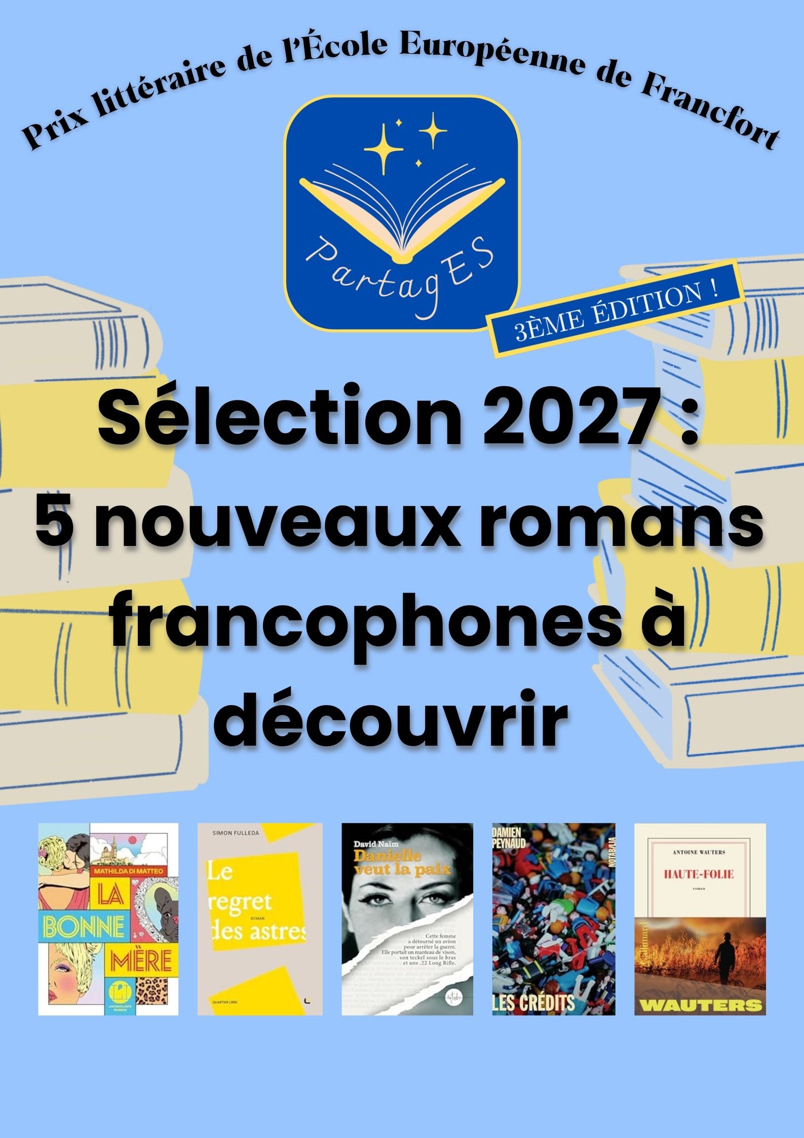 PartagES poster showing the selection of books for 2027: "Cinq nouveaux romans francophones à découvrir"