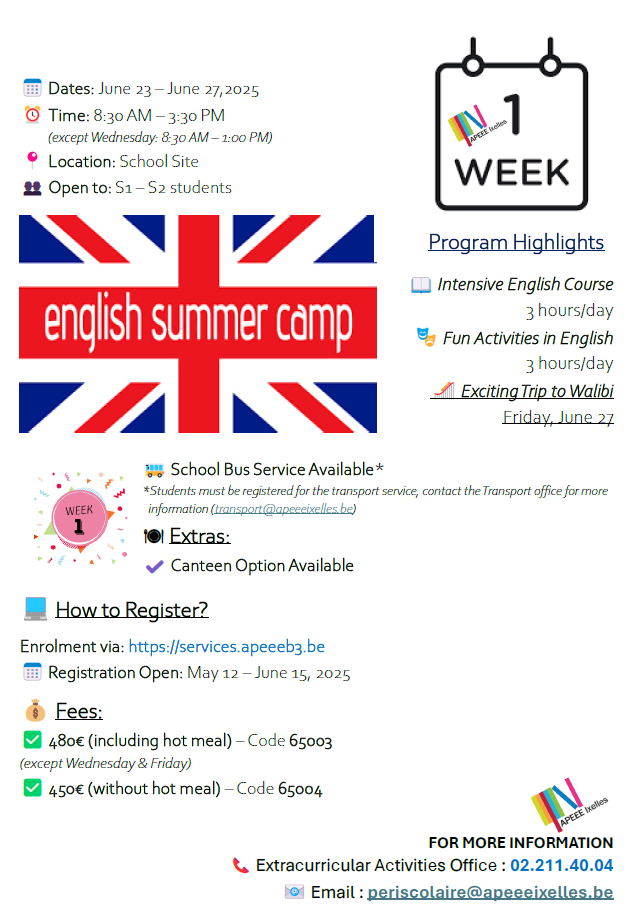 Flyer regrouping all the information for the English Summer Camp - consult the linked pdf