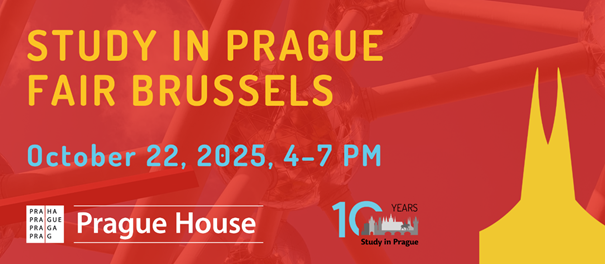 Red banner stating "Study in Prague Fair Brussels", the time of the event, and the logos of Study in Prague and the Prague House