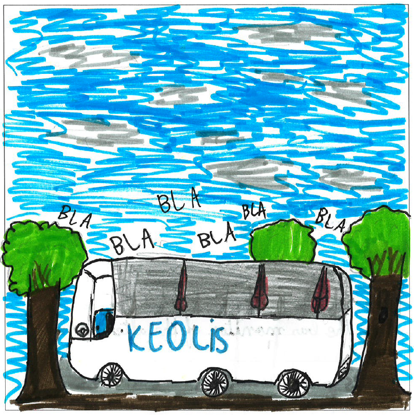Drawing of a bus with talking onomatopoeia